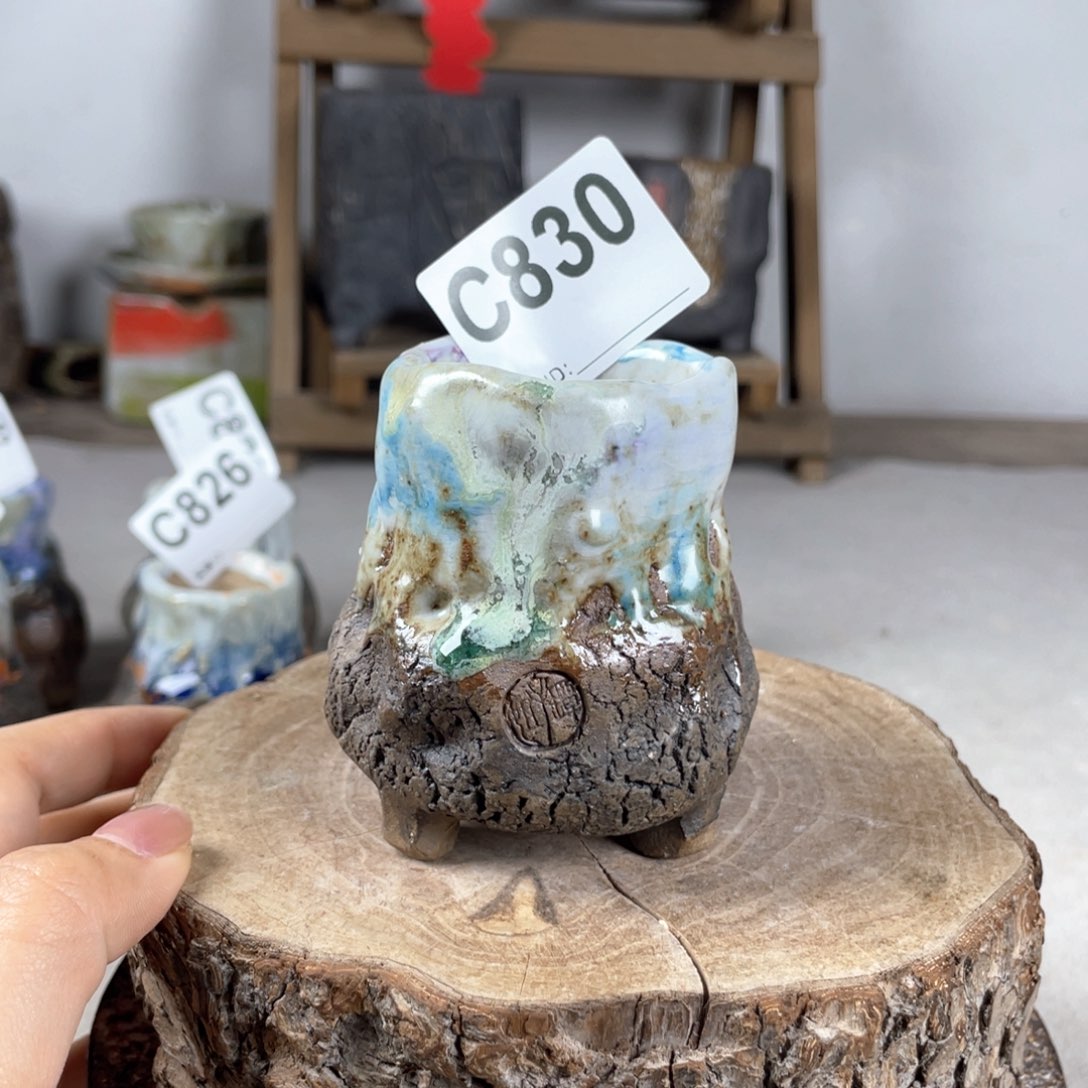 紫砂花盆孤品 不规则油画山石小地雷 内口4