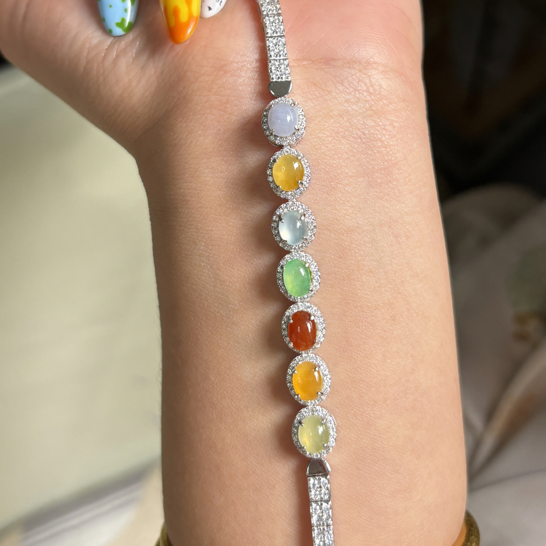 天然缅甸A货翡翠S925银多宝彩色手链卡百搭气质时尚轻奢