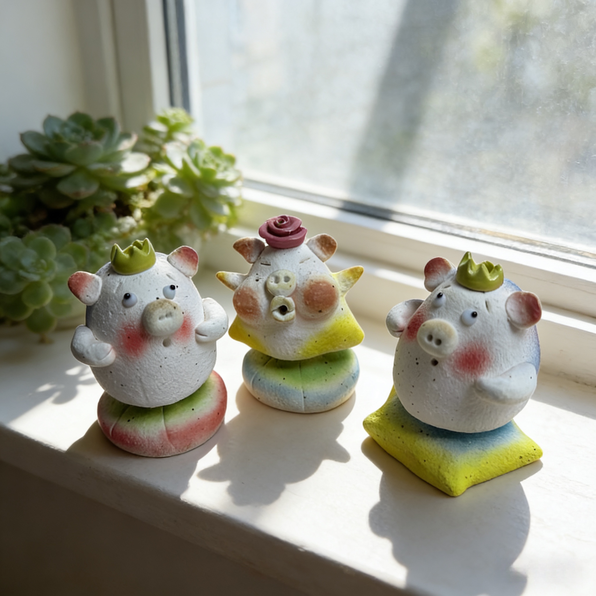 景德镇纯手捏转转猪 匣钵泥可扩香 办公桌车载解压摆件