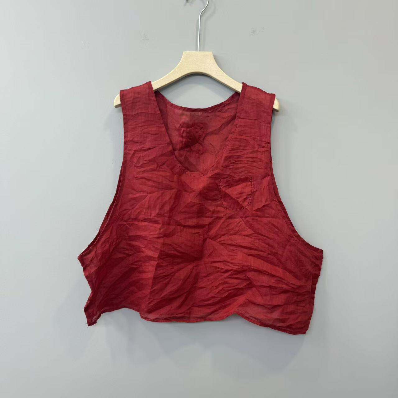 夏季-纯色苎麻时尚简约无袖V领宽松女士外搭口袋走线背心80-165斤