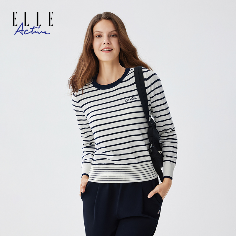 ELLE Active【冰爽丝纱线】条纹长袖针织衫女士百搭慵懒风上衣显瘦