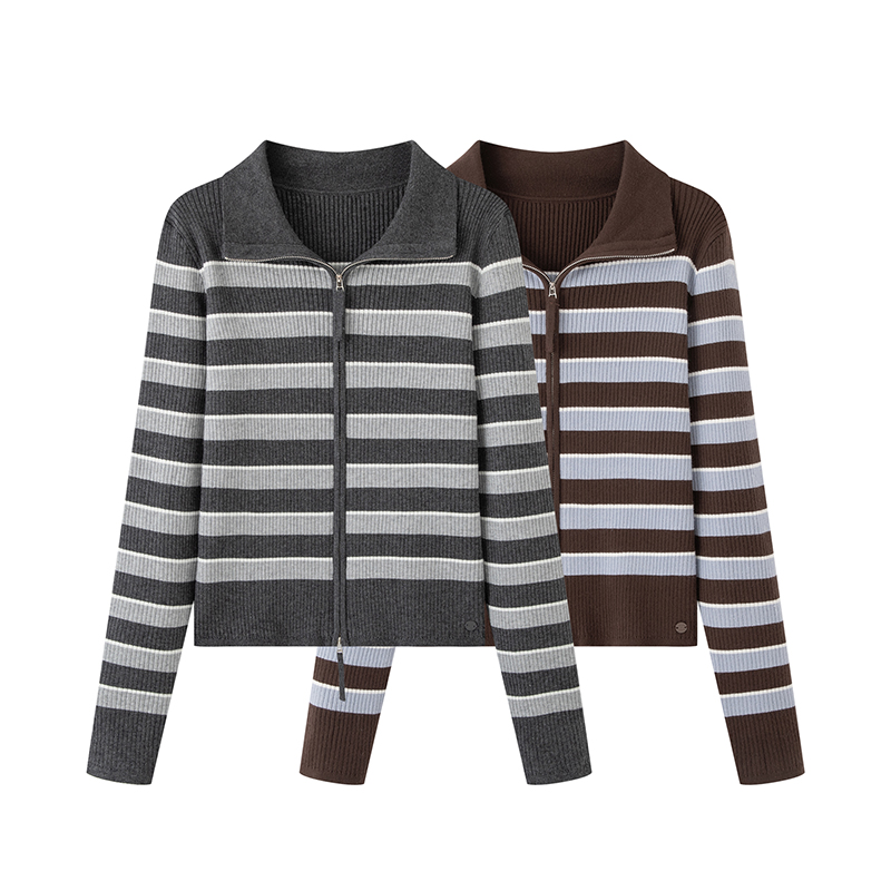 MM商场同款2025秋冬新款条纹翻领双头拉链款针织开衫上衣女3811