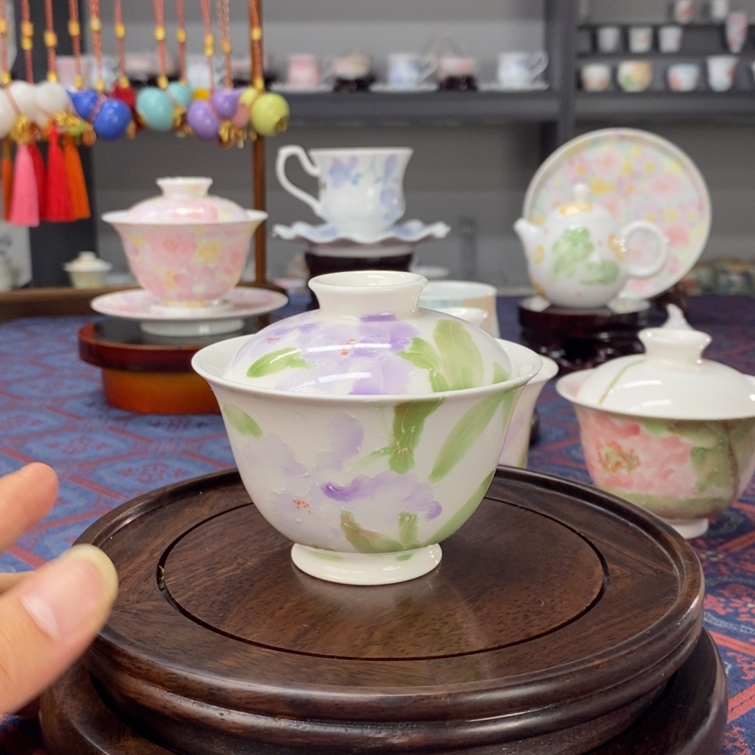 鸢尾花盖碗釉下手绘高温