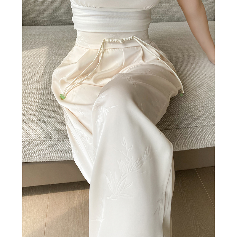 新中式国风提花缎面阔腿裤女夏季新款松紧高腰显瘦盘扣休闲长裤子