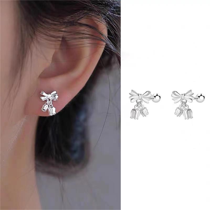 足银耳饰 蝴蝶结耳钉甜美气质耳骨钉纯银螺丝扣银针耳环
