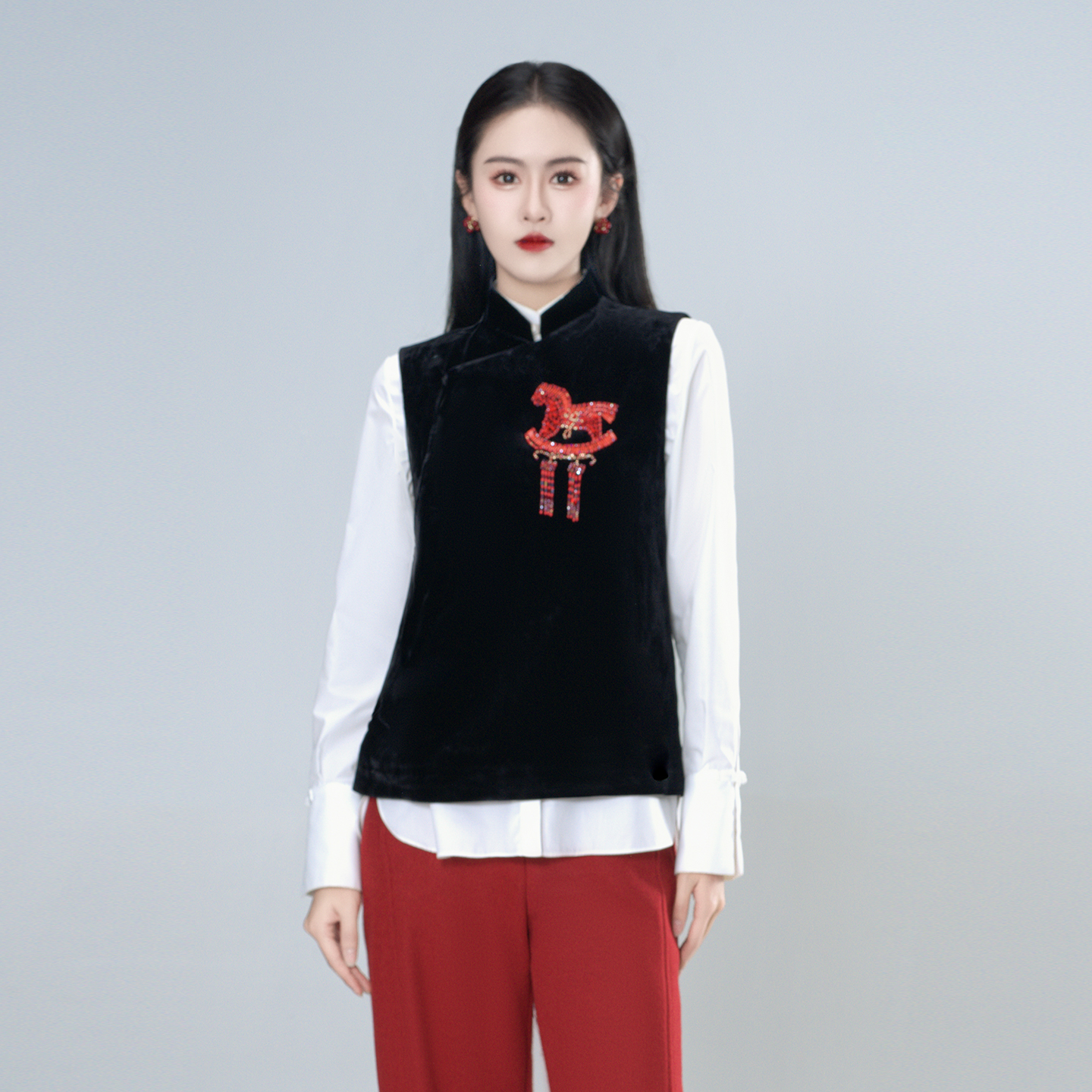 真丝绒（红驹）纯手工钉珠流苏刺绣高级优雅气质时尚百搭马甲61803