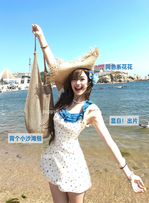 小狗拿鱼Fish 青花瓷 蓝色碎花裙法式复古藏蓝色度假裙小飞袖显白