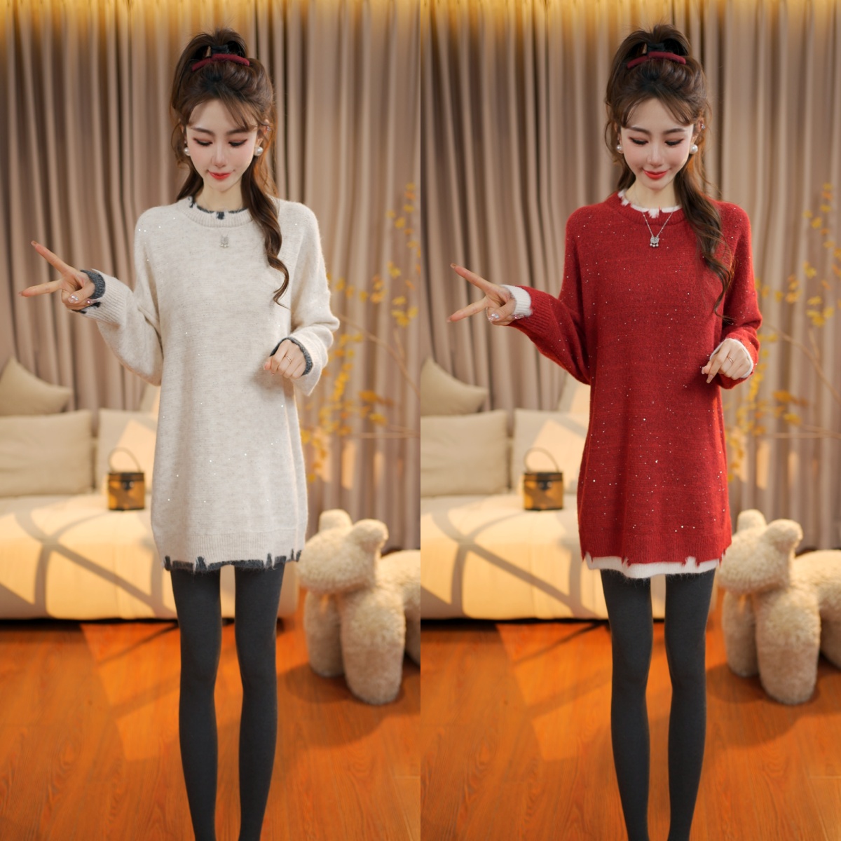 假两件亮片拼接设计感中长款毛衣女冬季新款宽松显瘦百搭针织上衣