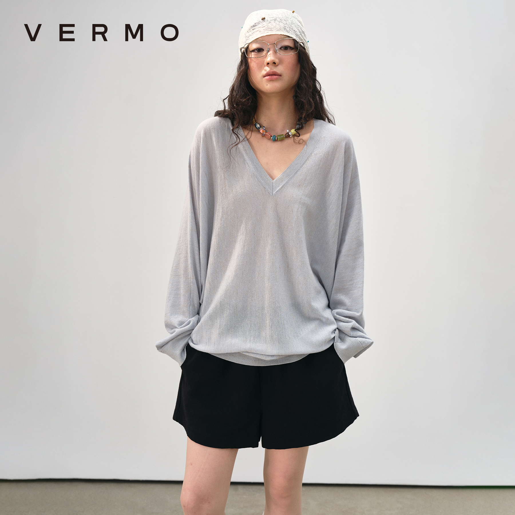 VERMO 粗粝与柔软交织 夹杂花驼 亚麻羊毛V领蝙蝠袖针织衫9722