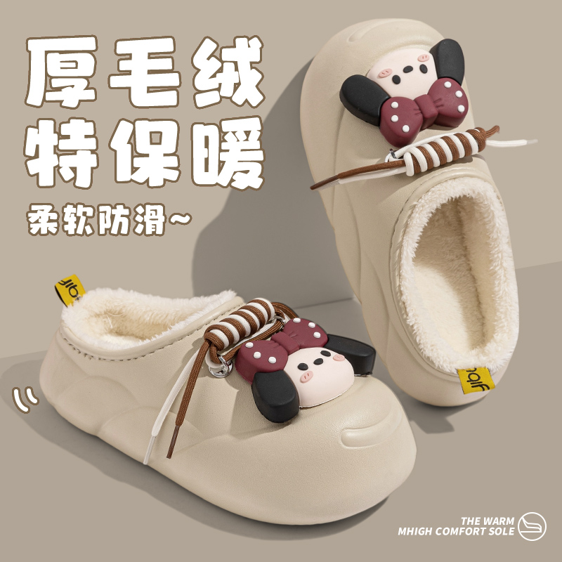 蝴蝶结女孩棉拖鞋女款2025新款爆款居家厚底舒适防水防滑毛绒棉拖