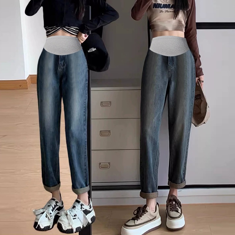 孕妇外穿牛仔裤春秋季高弹力大码老爹裤垮裤秋冬装