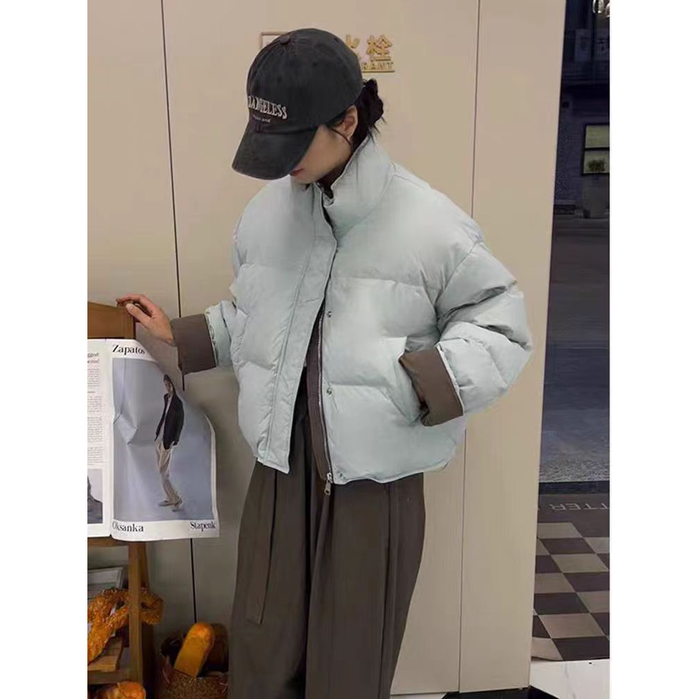 韩版棉服撞色立领棉衣女短款2025新款厚款面包服小个子棉袄外套