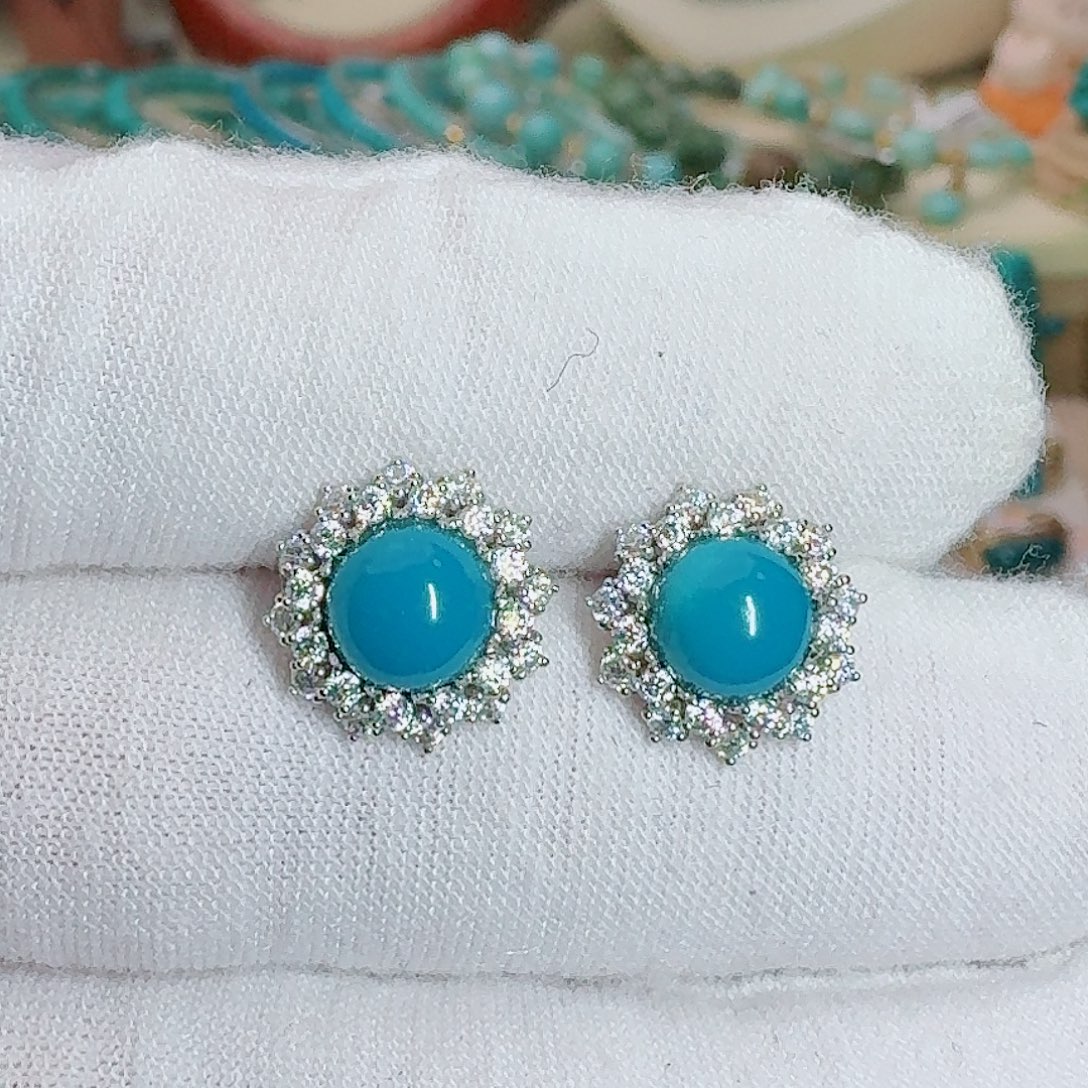 绿松石18K金镶嵌珠宝奇石玉华钻镶耳钉