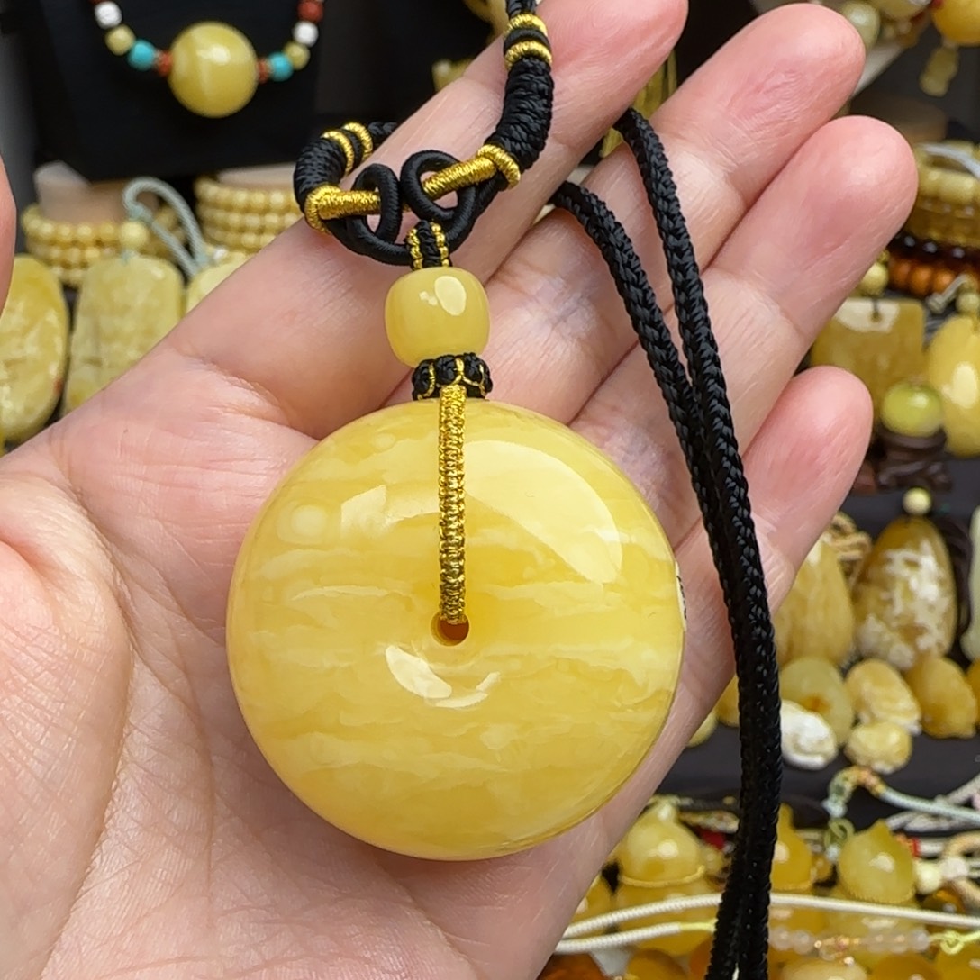 未镶嵌套链琥珀天然俄料虎皮妖花蜜蜡平安扣吊坠
