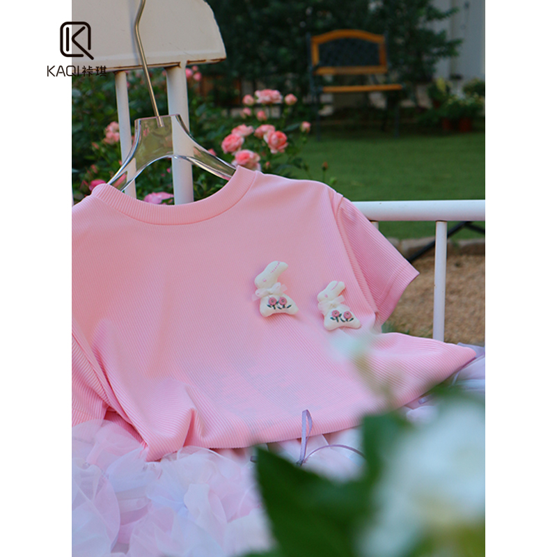 【lpink童装】女童夏季新款公主宝宝小兔子短袖圆领上衣T恤92806