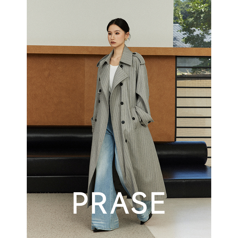 PRASE·噜【左岸闲情】微胖轻奢设计款秋女复古阔版条纹风衣PR508S84