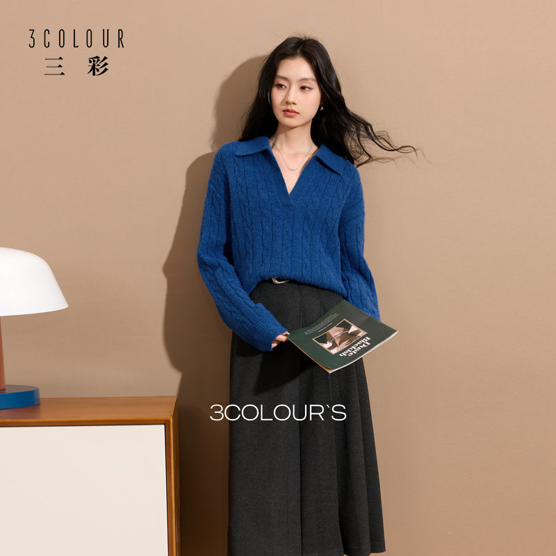 三彩2025冬季新款复古绞花翻领针织衫宽松保暖套头毛衫高级感S