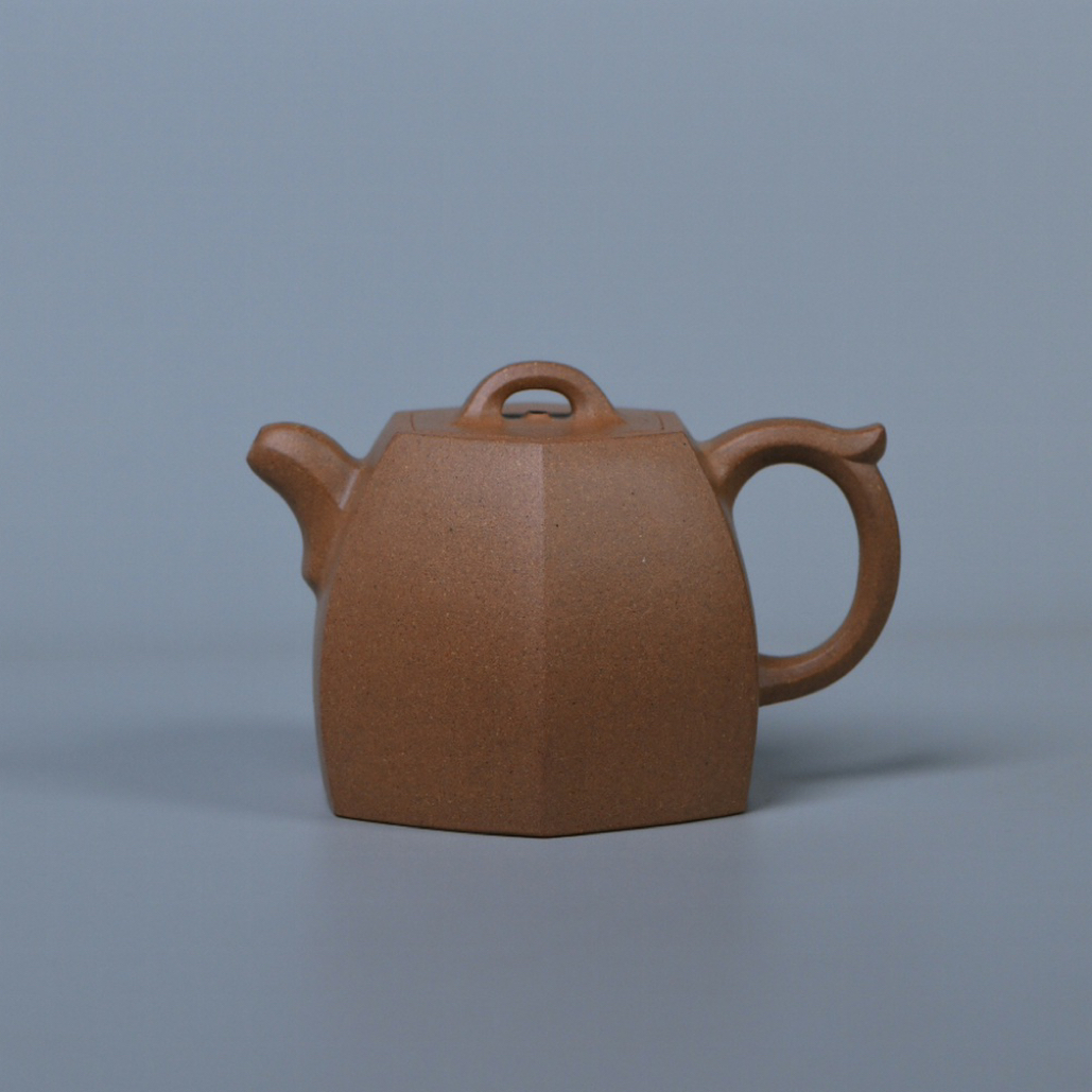 六方铜坨紫砂壶 金黄段花块泥 220cc 半手精作 经典实用器