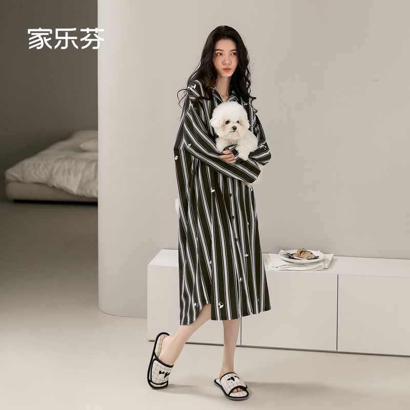 家乐芬睡裙女睡衣春秋款秋季纯棉长袖条纹裙子可爱熊猫长款可外穿