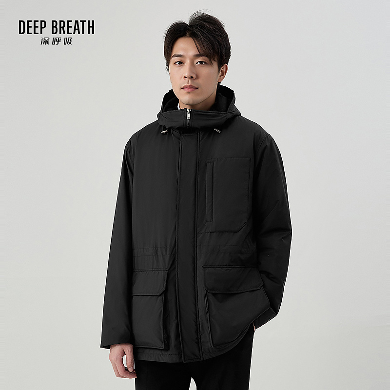 DEEP BREATH深呼吸男款休闲连帽中长款夹棉服发热棉衣外套A401797