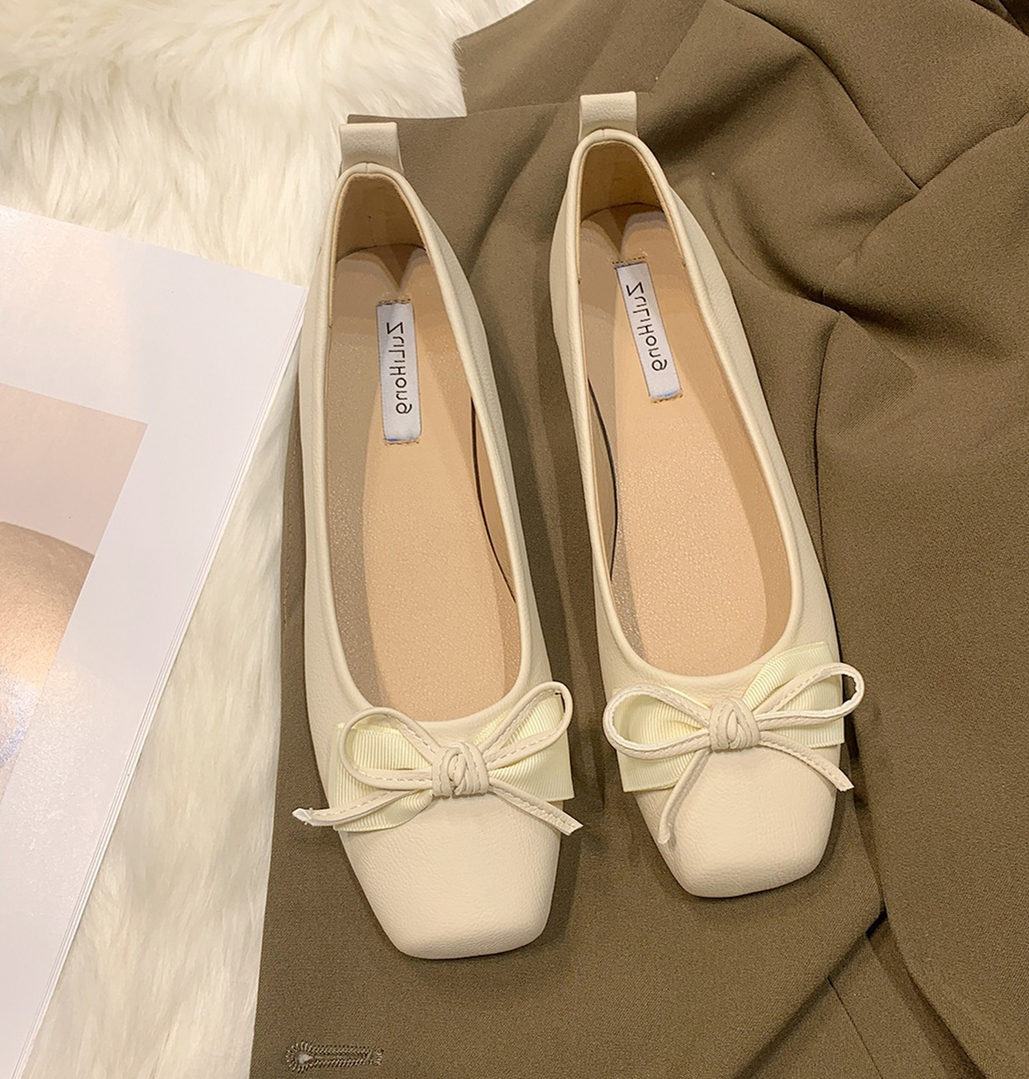 方头蝴蝶结瓢单鞋女早春新款文艺软皮低跟孕妇奶奶鞋