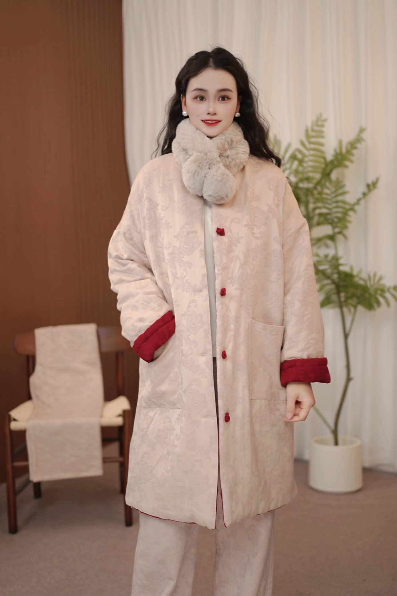 0907国风中式100%麻双面穿长款提花棉服外套女2025秋冬新款女士