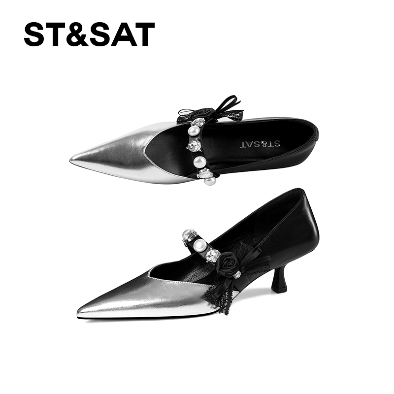 St&Sat/星期六气质时尚浅口单鞋细跟水钻拼色中跟女鞋蝴蝶结法式
