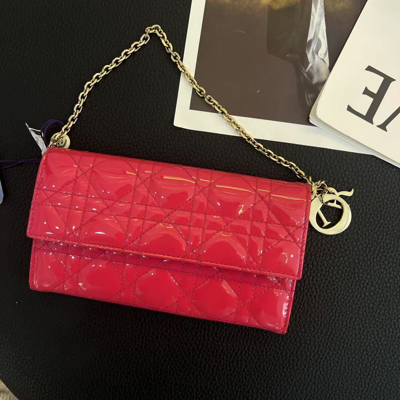 95新 DIOR/迪奥 大麦中古/dior中古红色漆皮单肩腋下包/