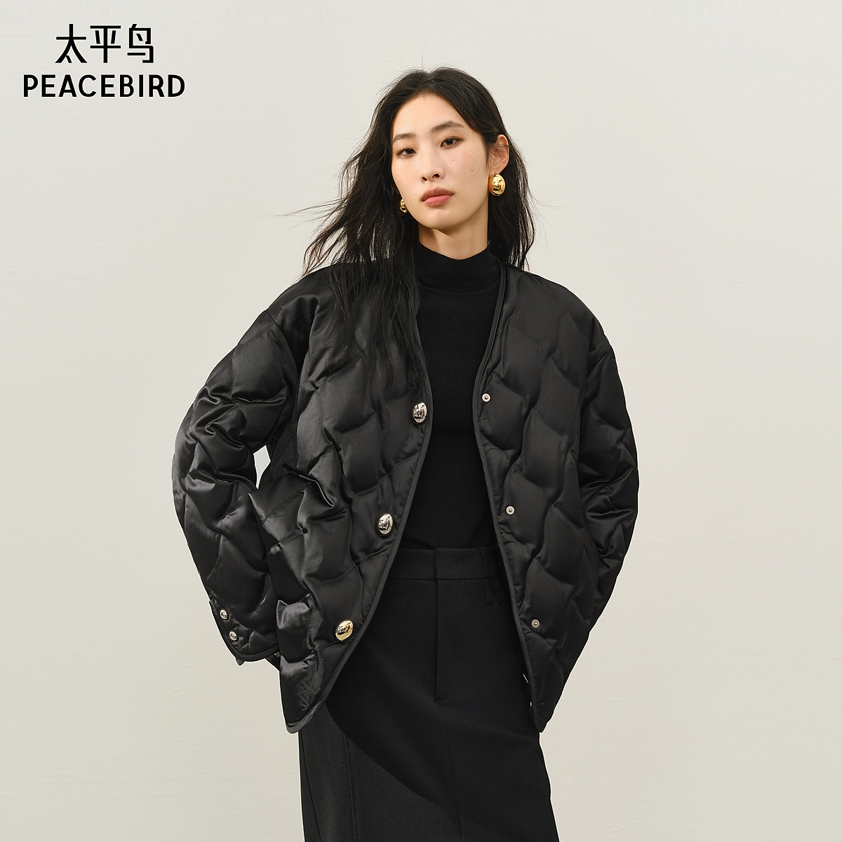 【丽公主专属】太平鸟轻薄围巾羽绒服女短款黑色高级外套A1ACF4121