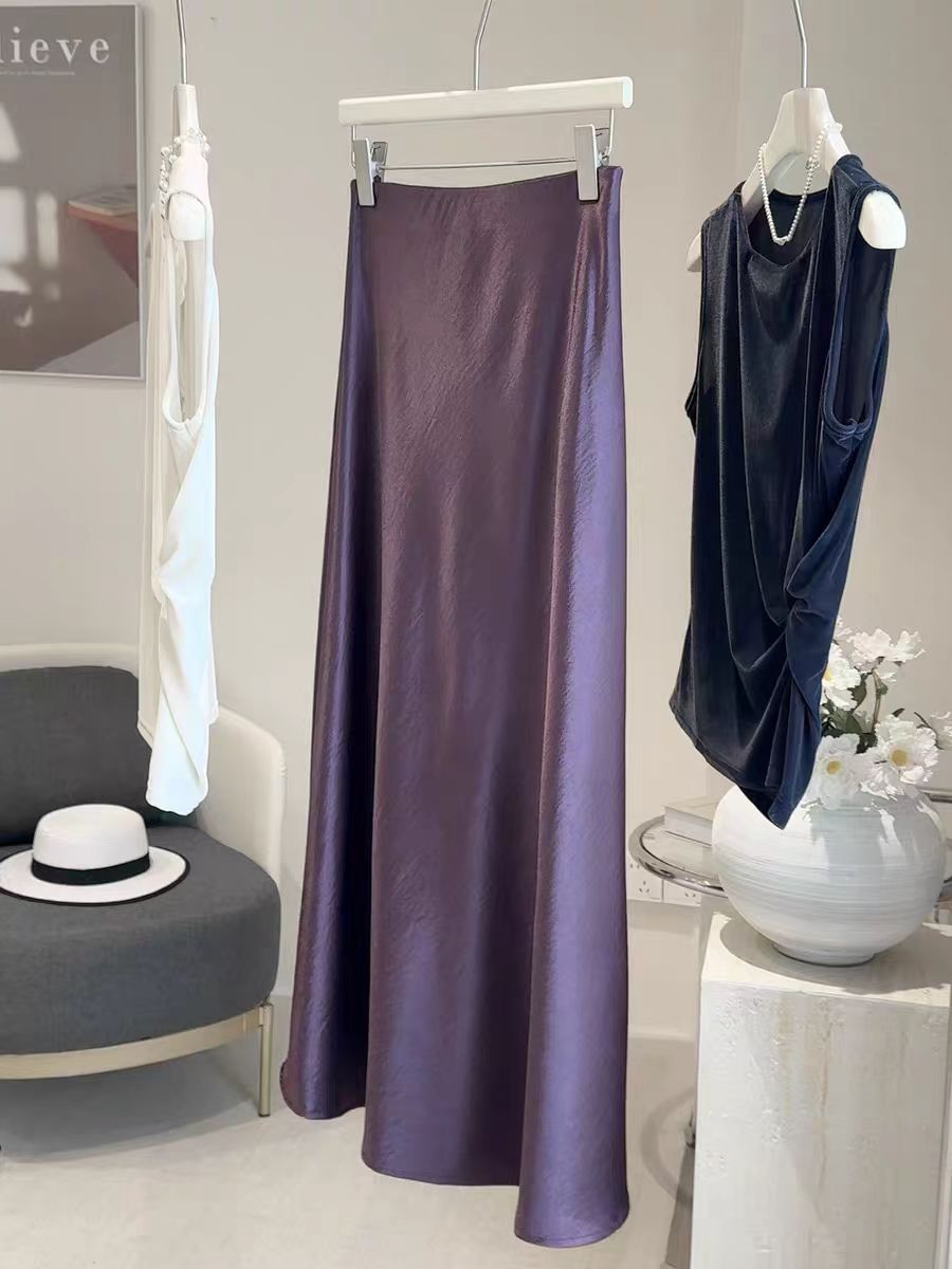 新中式缎面鱼尾裙 A字裙纯色中长款显瘦长裙半裙包臀半身裙气质