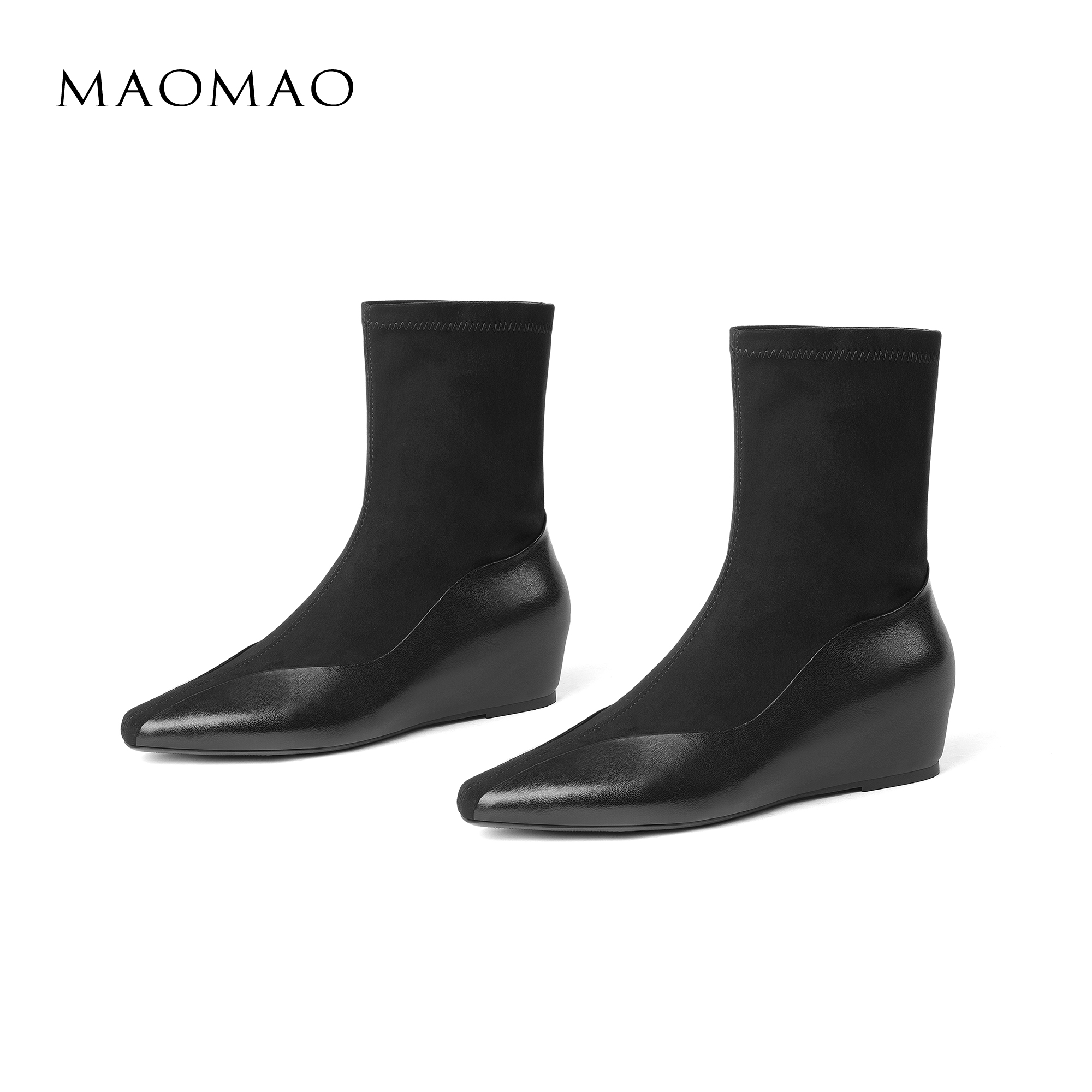 【跟高4cm】2025年冬季新款纯色方头弹力靴内增高简约时尚百搭女靴