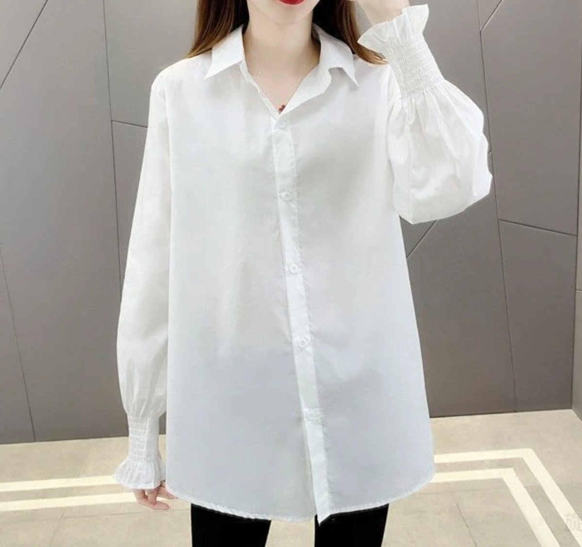 3523（43）韩版学院风喇叭袖白色长袖衬衫女春秋