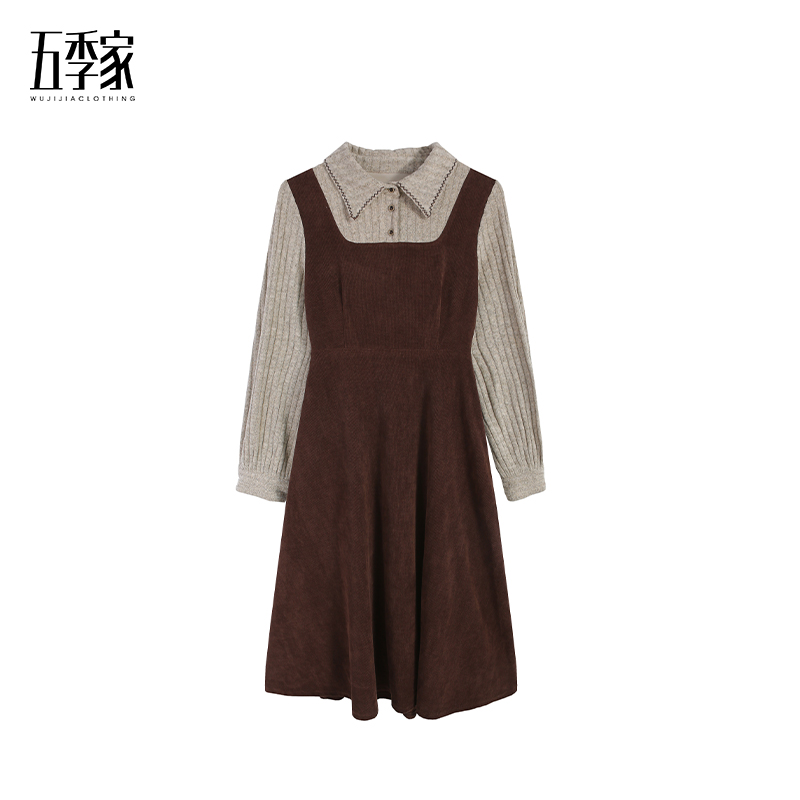【五季家大码】秋冬复古显瘦假两件拼接咖色连衣裙ZL115558