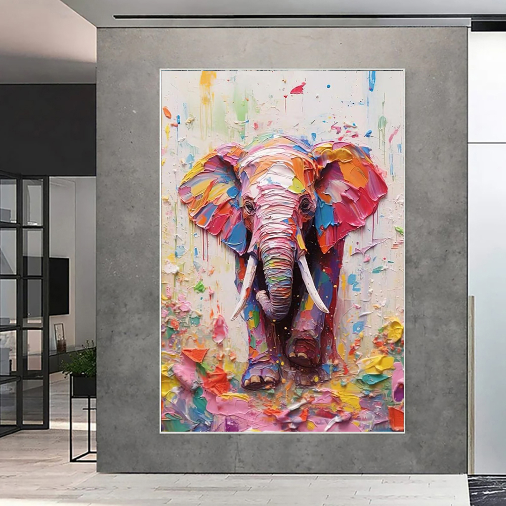 YHHP/一号画铺纯手绘油画吉象彩色大象吉祥如意客厅过道挂画