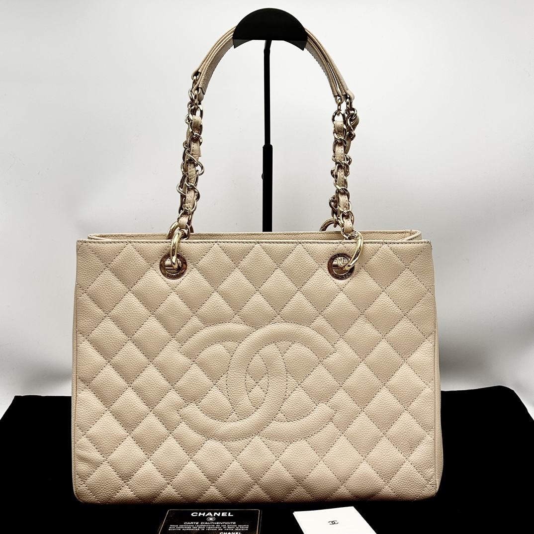 95新 Chanel/香奈儿 奶茶色金扣荔枝牛皮GST单肩腋下包 43120 
