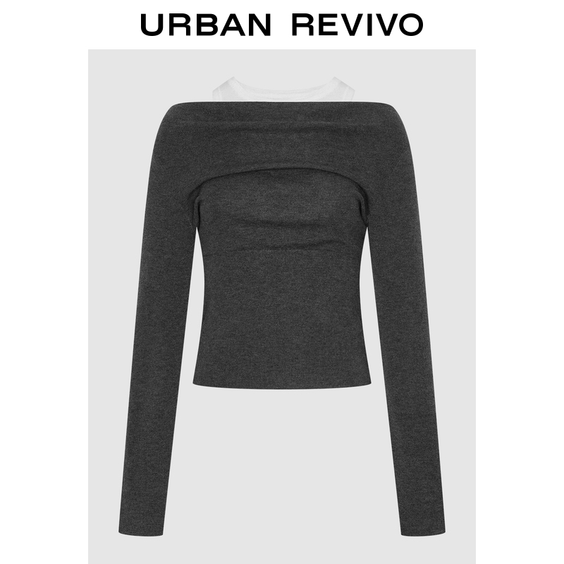 UR2025冬季新款女装魅力撞色假两件褶皱短款针织衫UWG950280