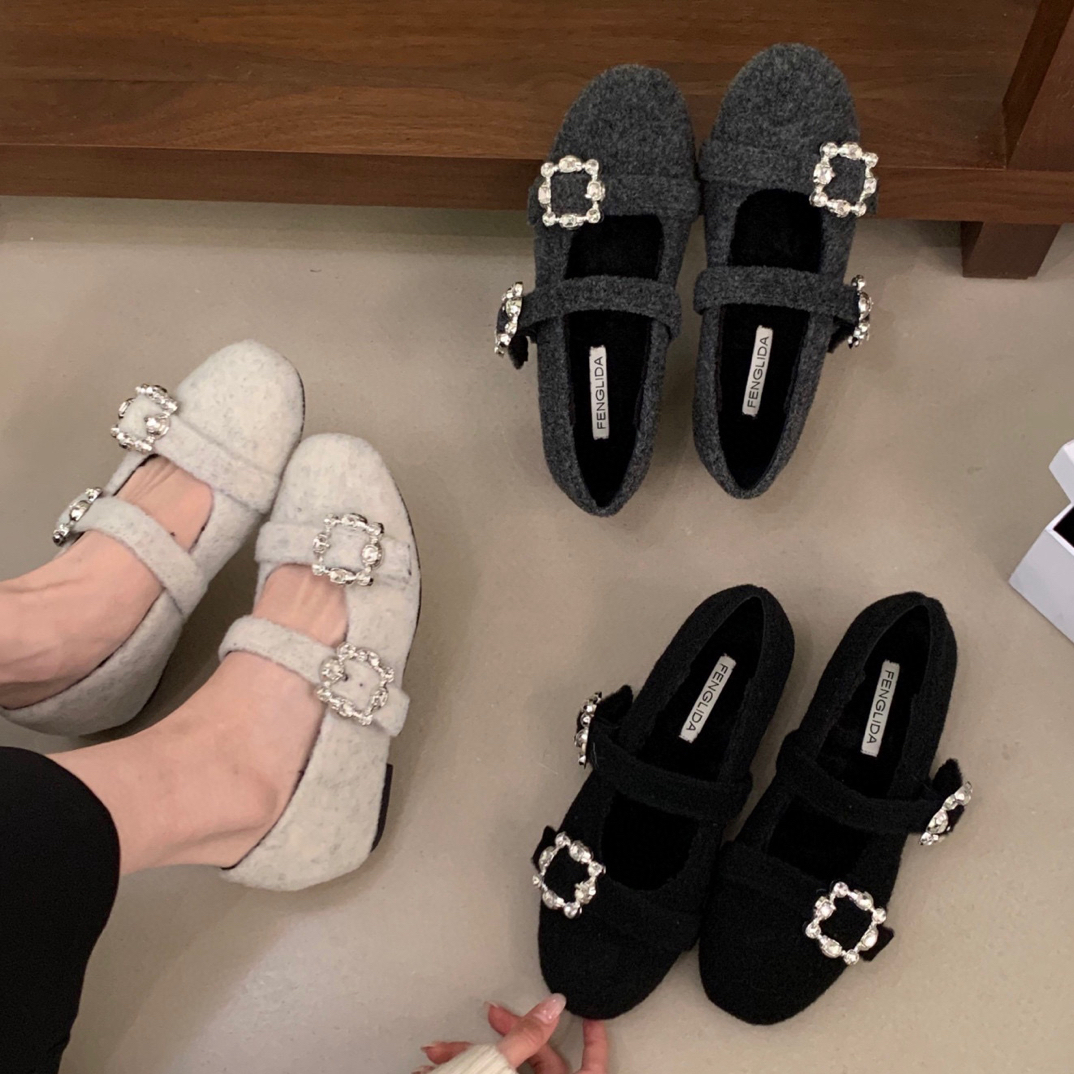 F 310-6 法式小香风玛丽珍鞋女内增高水钻网红精致加绒单鞋