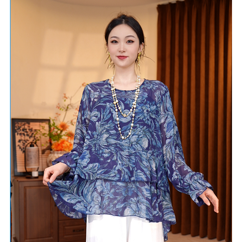 126/宽松荷叶边圆领长袖衬衣气质水墨常规款打底衫