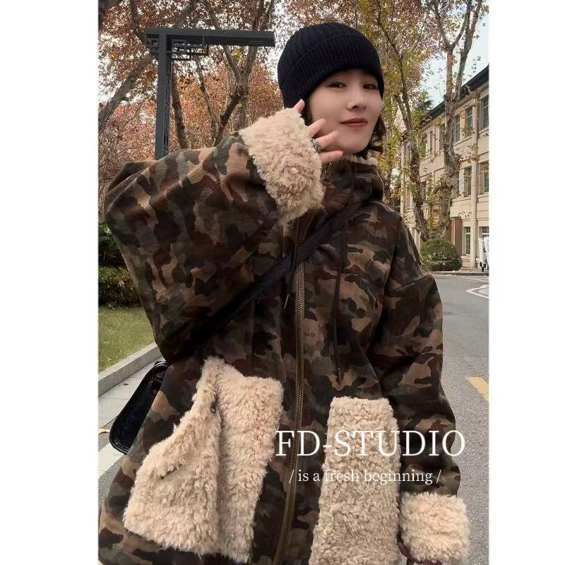 【梵町定制】FD28017冬季新款时尚潮流迷彩毛毛加厚外套保暖连帽