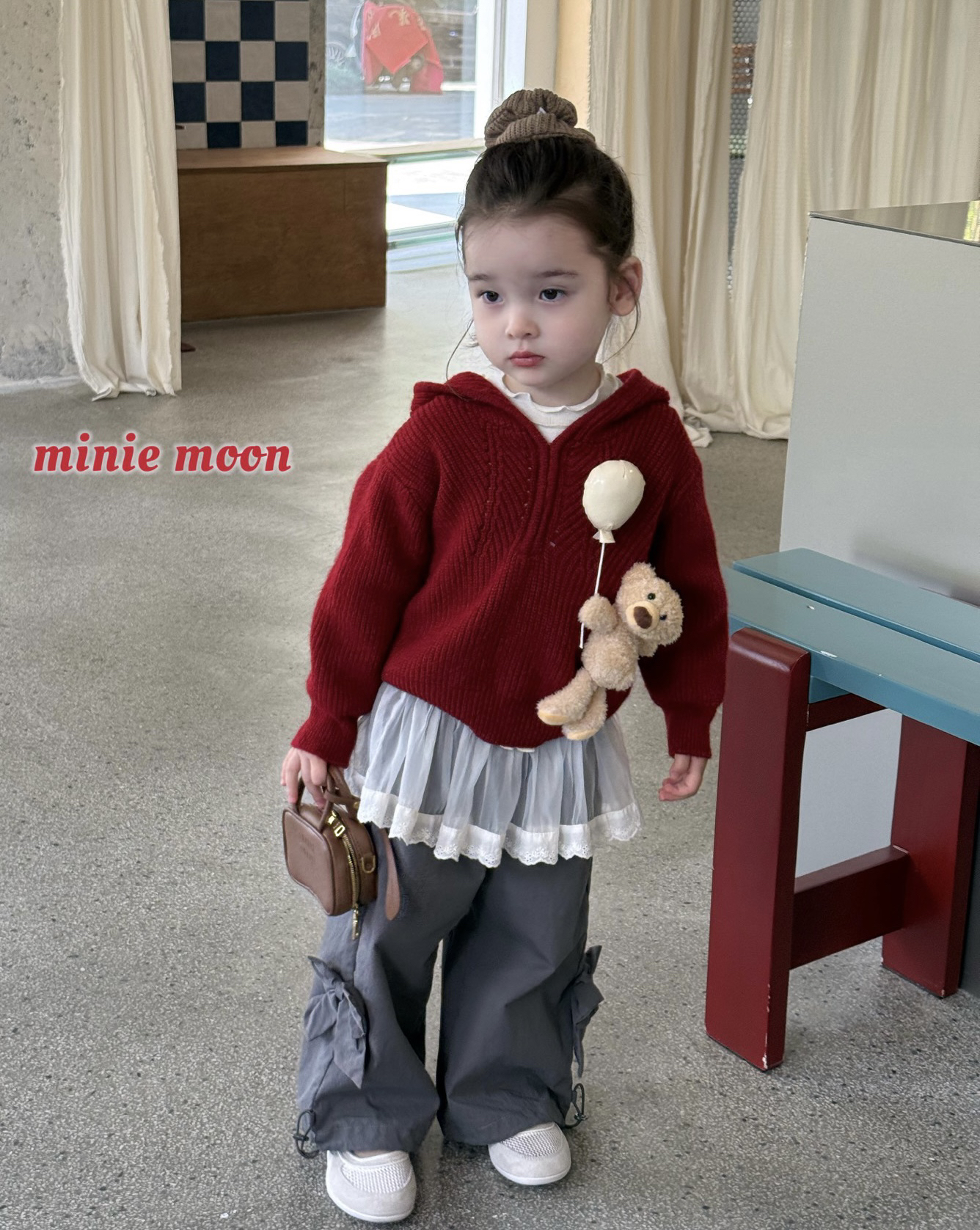 小月亮 女童套装2025秋卡通小熊红色连帽毛衣3135 