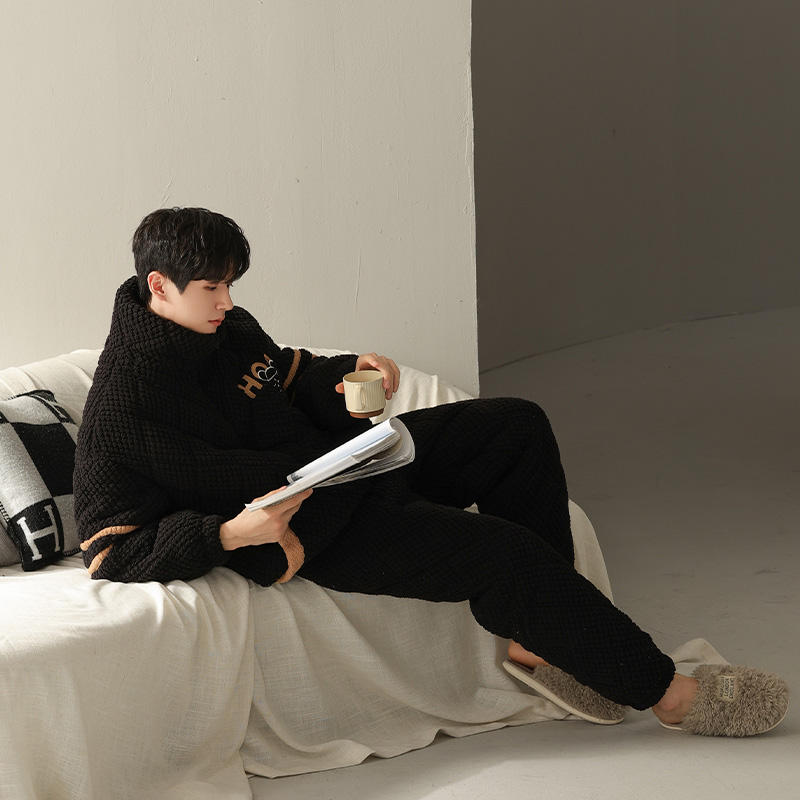 睡衣男冬季三层夹棉珊瑚绒加厚加绒大码超特厚加肥加大爸爸家居服