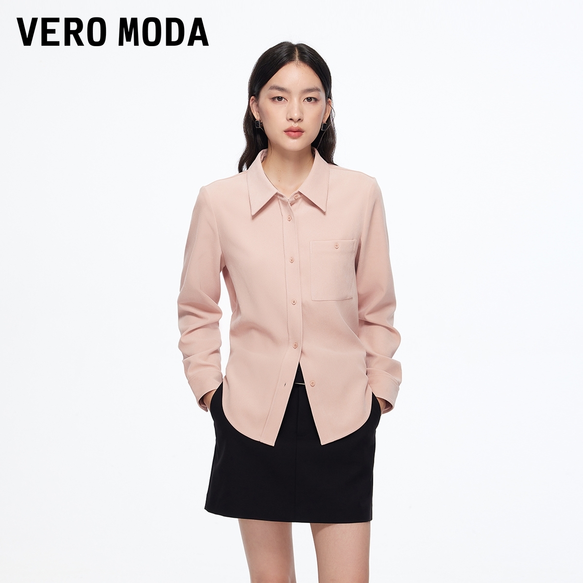 Vero Moda衬衫女2025秋冬新纯色口袋尖形翻领显瘦上衣百搭松弛感