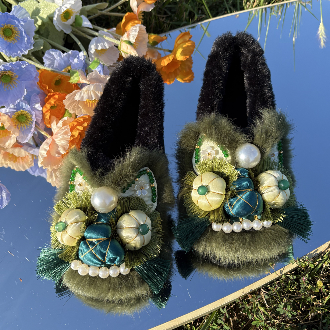 新中式墨绿色虎头鞋成人虎头棉鞋2025新款国潮可爱非遗手工虎头鞋