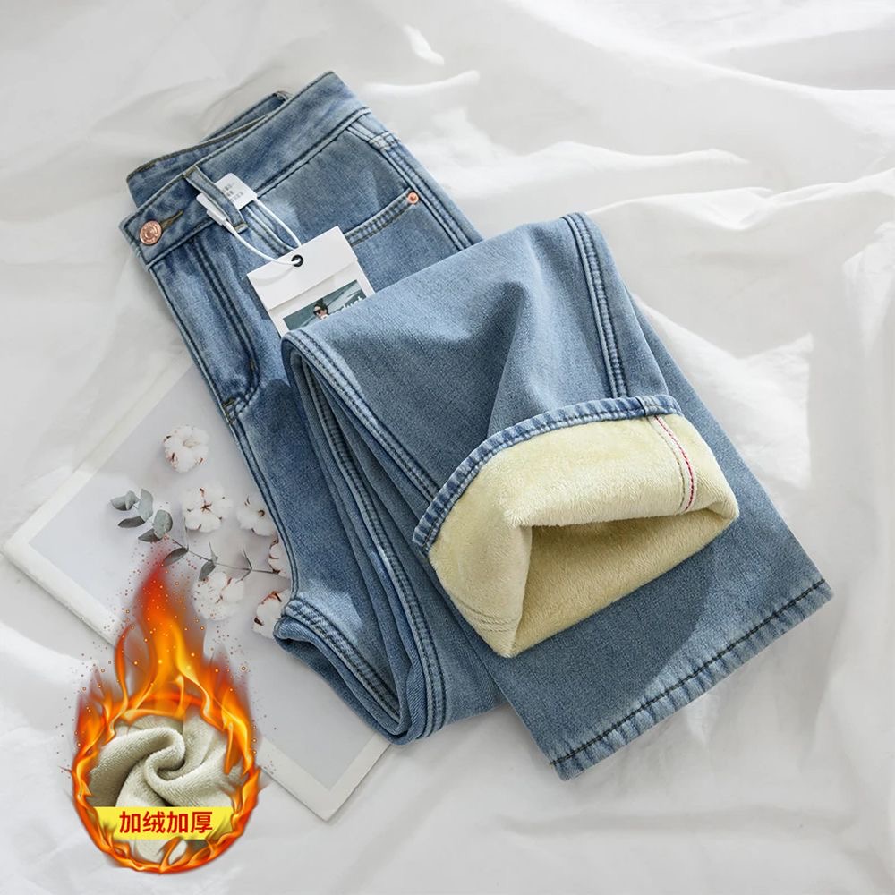 冬季新款加绒加厚高腰牛仔裤女保暖直筒窄版2025宽松垂感阔腿裤子