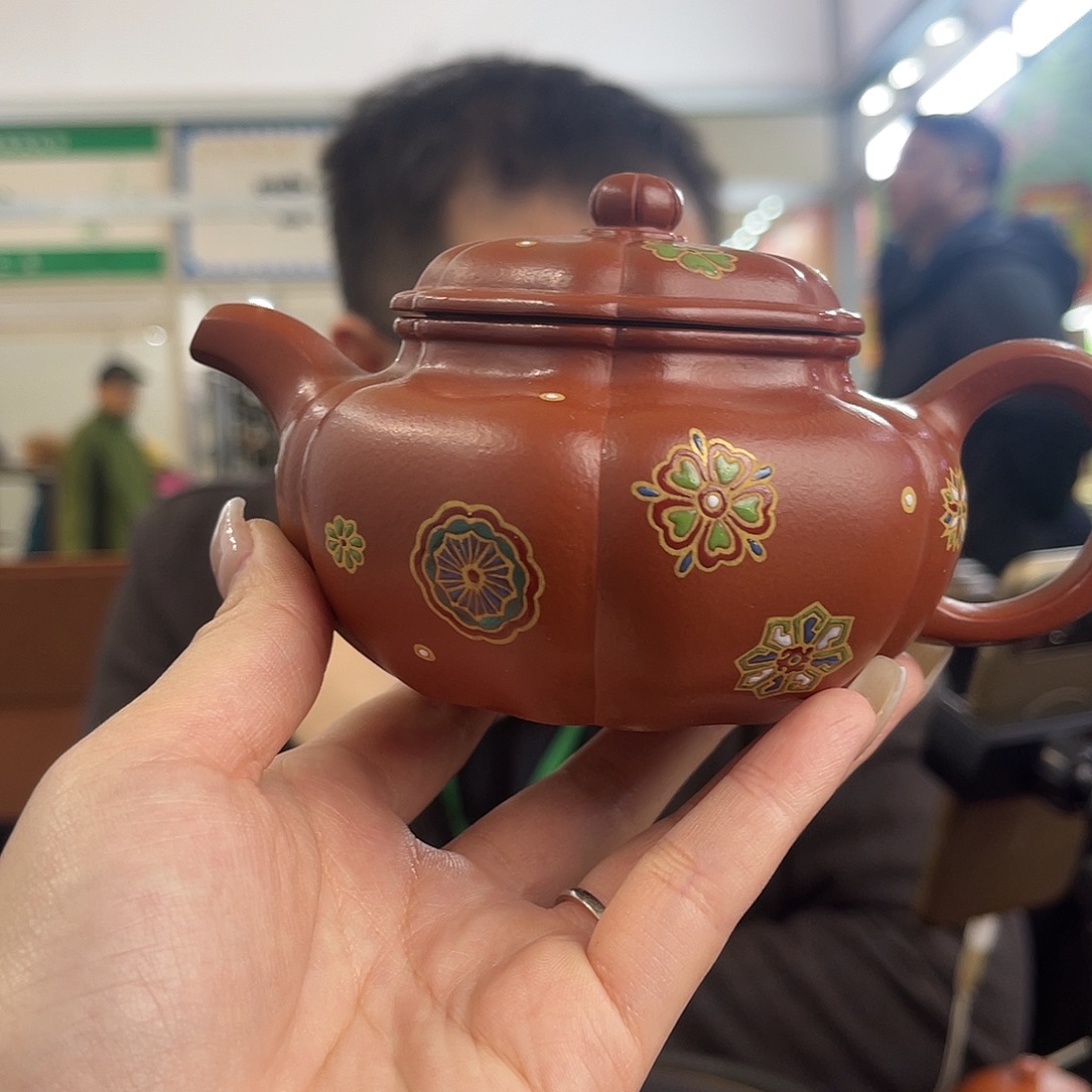 紫砂茶杯朱泥葵仿古  珐琅彩  240CC