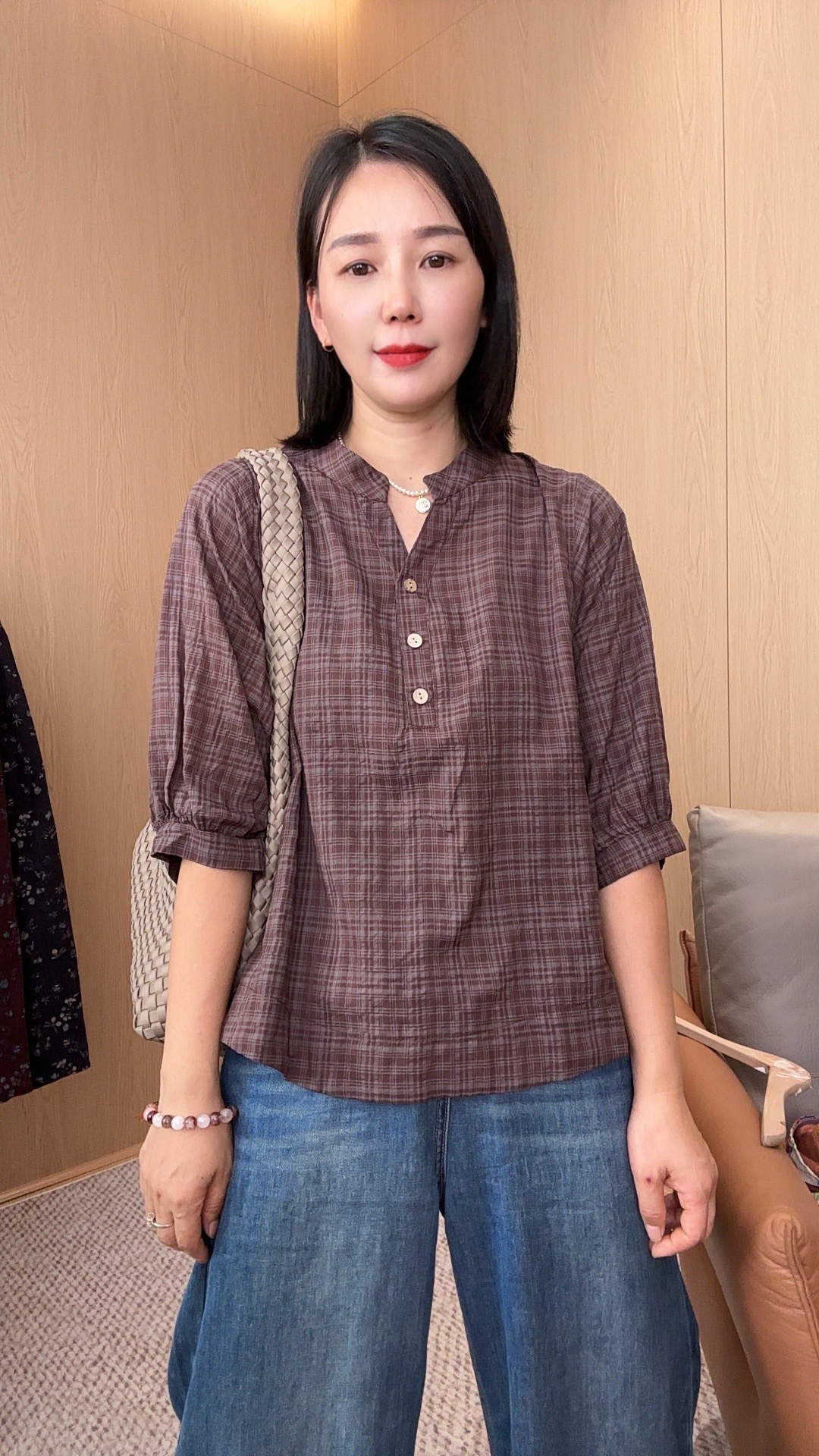 夏季净版减龄格子半开领休闲宽松短袖上衣 A8945