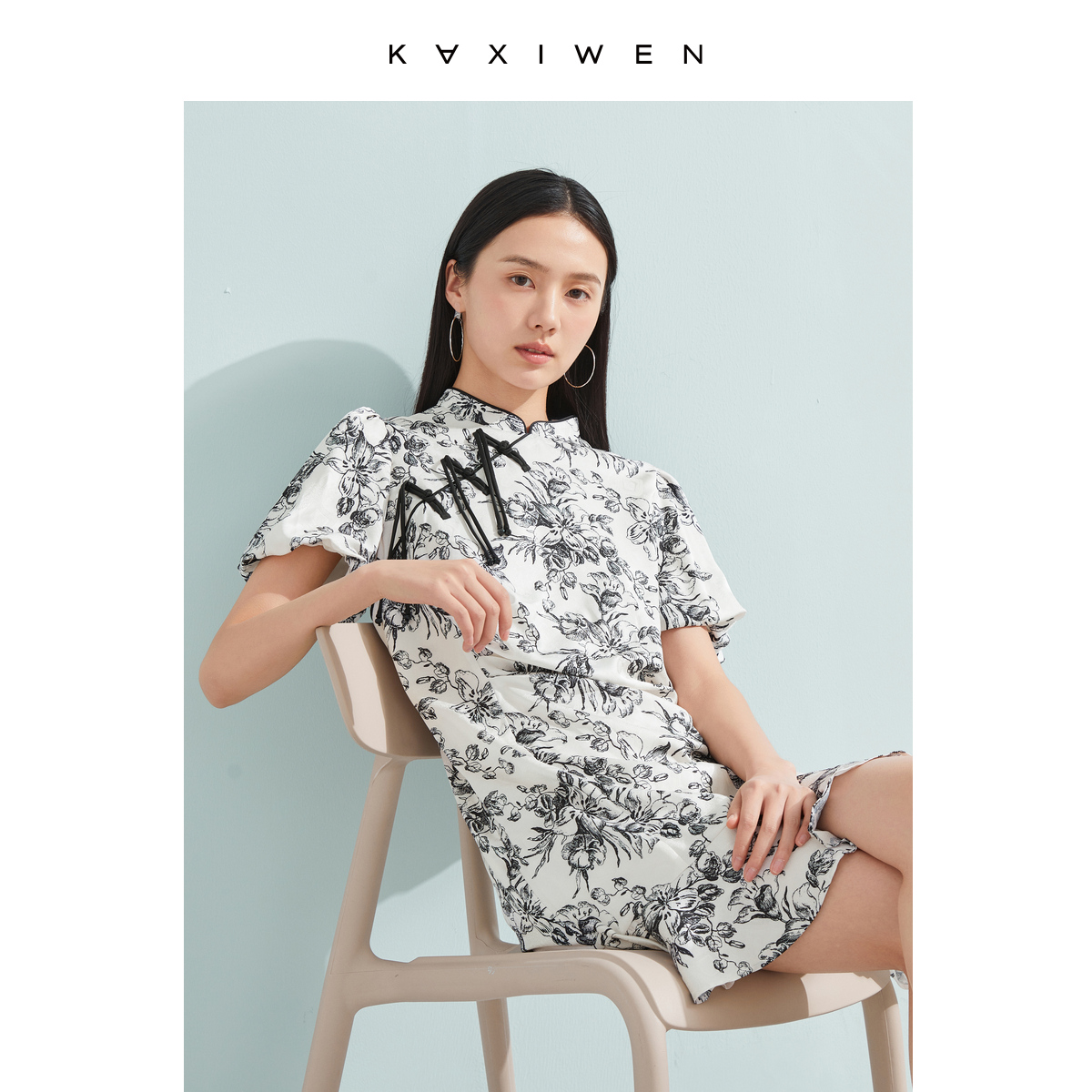 【喵姐严选】国风连衣裙新中式斜襟盘扣水墨泡泡袖短裙X04ALS2608