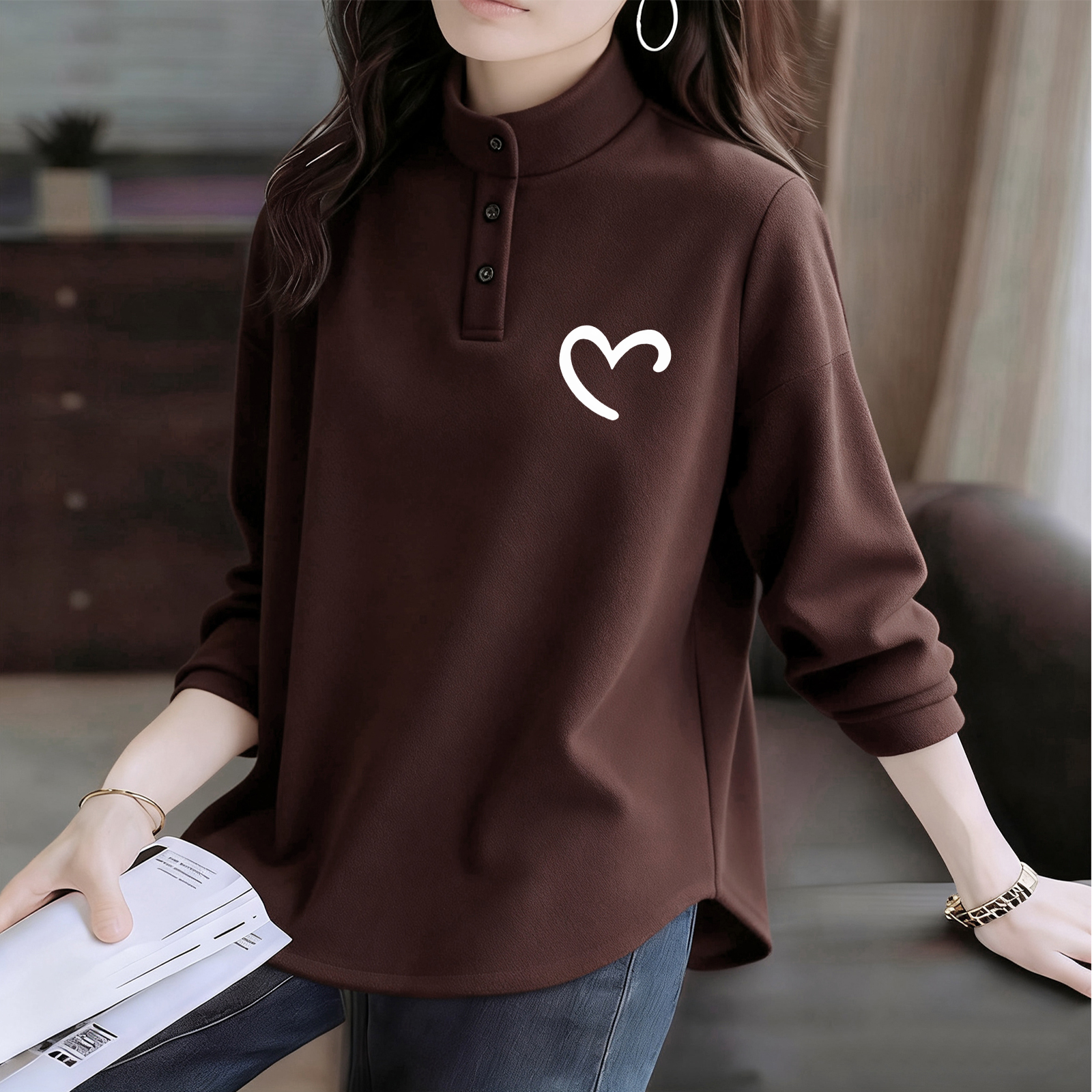 加厚德绒半高领POLO衫女秋冬季胖MM大码宽松显瘦内搭立领打底T恤