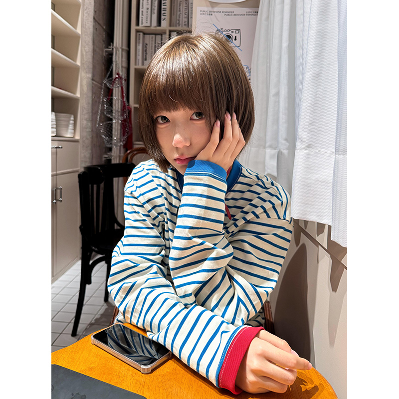 【珂塔芙】国潮牌条纹撞色长袖t恤女宽松设计感小众休闲百搭上衣服