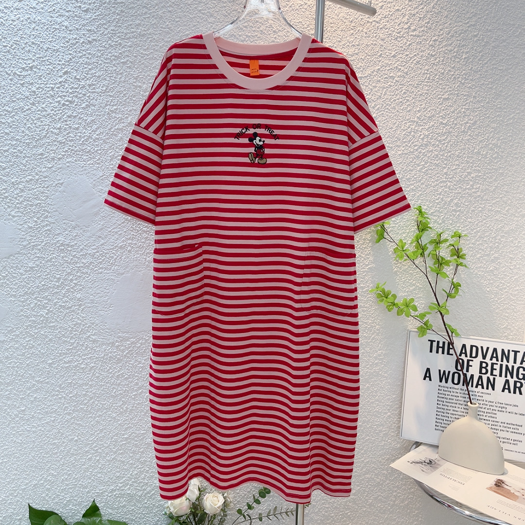 慵懒风大码短袖睡裙女春夏季薄款棉质宽松中裙家居服条纹韩版时尚